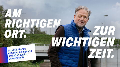 Ein älterer Herr steht vor einer Brücke. Text auf dem Bild: Am richtigen Ort. Zur wichtigen Zeit.