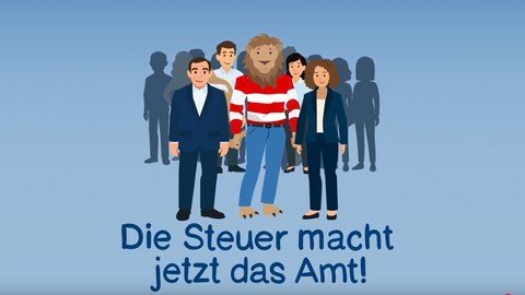 Thumbnail zum Erklärfilm mit der Aufschrift: Die Steuer macht jetzt das Amt! Darüber eine Gruppe Personen rund um den Hessenlöwen.