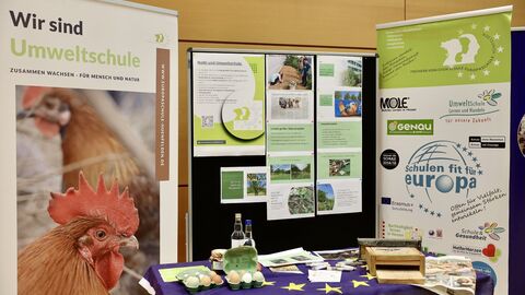Informationsstand mit Plakaten im Hintergrund und einem Tisch auf dem Infomaterial ausliegt.